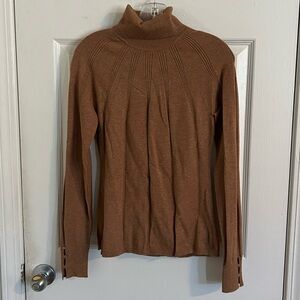 Brown Turtleneck Sweater with gold sleeve accents